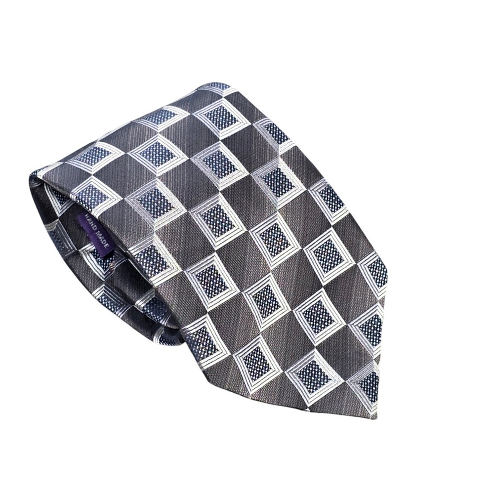 Roberto Villini Couture Silk Tie Men's Grey Metallic Navy Geometric Hand Made